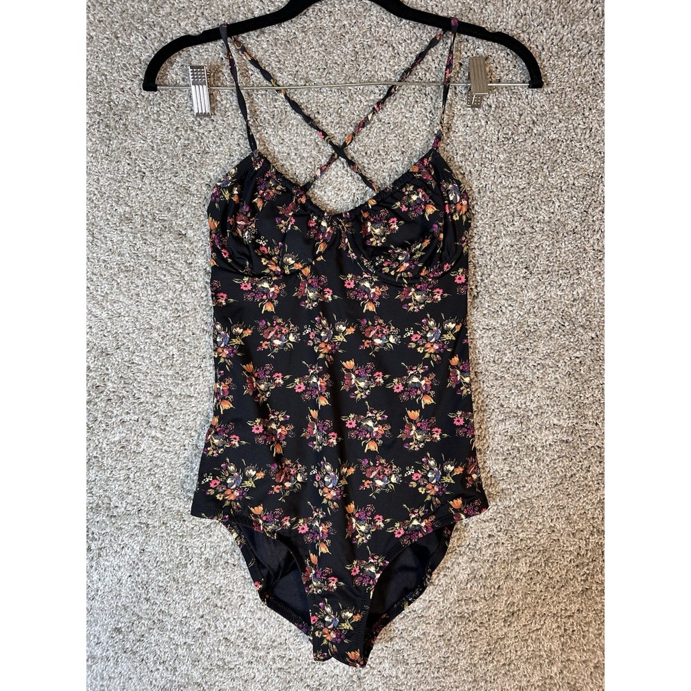 Madewell Floral Crossback One Piece Swimsuit Size 8 Black Multicolor